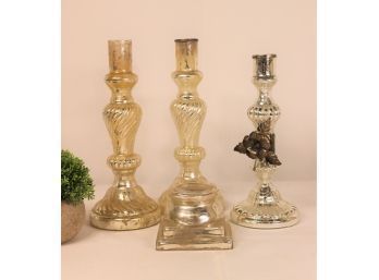 Four Candle Holders: Pair Of Baluster Twist, One Low Base, One Metal Flower Ornamented