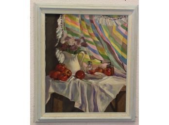 July (still Life With Fruit And Flowers) Original Oil On Canvas, Signed R. Bruton