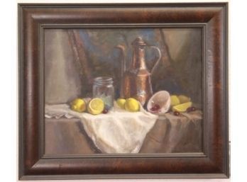 Lemons-Copper Still Life, Signed Robert Bruton, On Stretcher Verso - Burl Veneer Frame