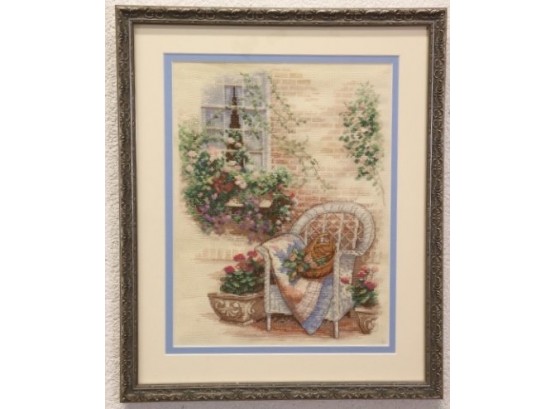 White Wicker, Brick, And Ivy Needlepoint Wall Art, Matted & Framed