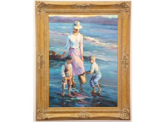 A Family That Clams Together... Vibrant Painting, Signed Lower Left In French Provincial Frame