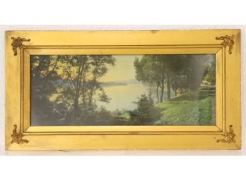 Hollywood Regency Inspired Golden Frame And Color Lakeside Landscape Reproduction Print