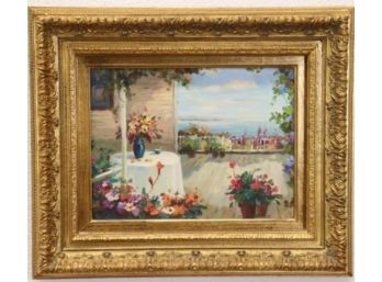 Terrace With Flowers And View Framed Oil On Canvas Timeless Treasures C.O.A. # ADF 016695