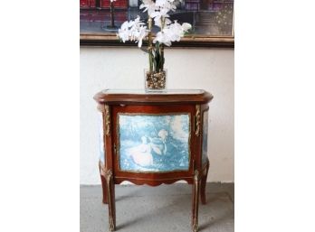 French Style Side Table With White Marble Top, Painted Panels, And Ormolu