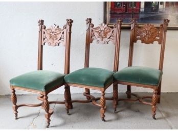 Three Gothic Revival Parlor Chairs - Mythic Beast Carvings, Savonarola Stretchers, Carnevale Legs