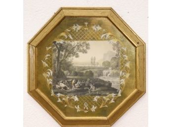 Wooden Octagonal Frame Reverse Painted Inset Floral Border Frame Vintage Pastoral Print