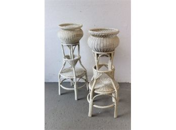 A Pair Of White Painted Wicker Two Piece Standing Planters