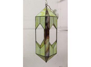 Crafty Pendant Light: Chartreuse &  Mocha Maple Colored Leaded Glass Octagonal Dipyramid Light Fixture