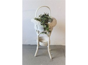 White Wicker Flower Basket Plant Stand With Lower Shelf
