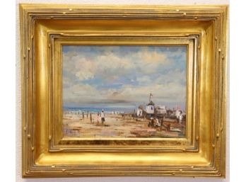 French Beach Village Scene Oil On Canvas, Brondon Fine Art C.O.A. #: BRO 117712, Signed