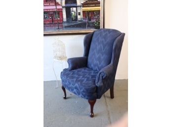 Broyhill Queen Anne Style Wingback Chair In Triple Blue Ikat Fabric And Bellota Legs