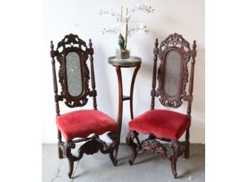 A Pair Of Heavily Gothic Styled High Oval Back Side Chairs - Woven Cane Splat And Marquis Turnings