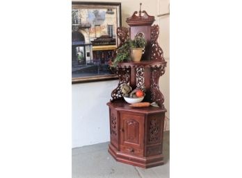 Beutifully Pierced And Carved Corner Etegere With Drawer Below Enclosed Shelf