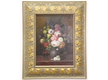 Ivy Bas Relief Frame With Decorative Floral Still Life, Oil On Board, Signed A. Vianni