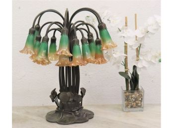 Eighteen Lily Shades On Lily Pad Base Tiffany Style Lamp (reproduction). Glass Shades