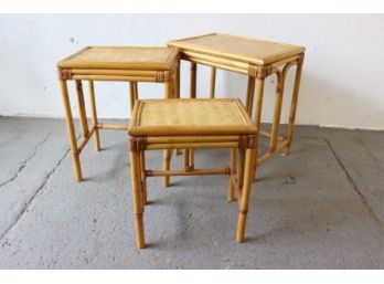 Trio Of Bamboo And Woven Palm Leaf Side Tables