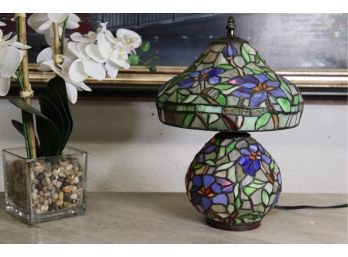 Tiffany Manner Colored Leaded Glass Table Lamp Iris Mosaic On Pot Belly  Body And Waddle Dome Shade