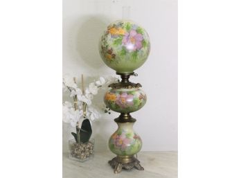 Triple Globe Milk Glass Chamber Lamp Hand Detailed Painted Flower Decoration