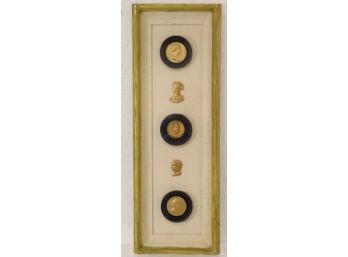 Framed Quintet Of Golden Intaglios Cameo Rounds And Silhouettes