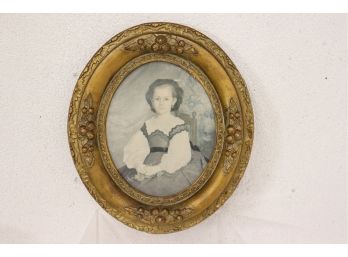 Ornamented Oval  Frame Holding Fading Reproduction Print After Renoir