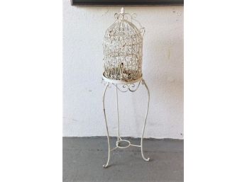 Vintage Distressed White Metal Bent Rod Botanical Birdcage Stand
