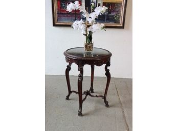 Three Element Late Victorian Style Round Side Table: Glass Top, Cast Metal, Ornamented Wood Frame