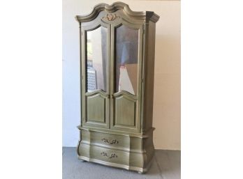 Thomasville French Provincial Style Armoire Green With Mirrored Woven Wire Doors - 1966 Copyright