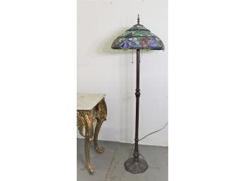 Polychrome Glass Floor Lamp In The Tiffany Style With Fluted Column And Stylized Flower De Luce