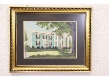 Signed Watercolor Teal Suburban Colonial Portrait, A. Eschner '80