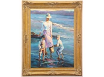 A Family That Clams Together... Vibrant Painting, Signed Lower Left In French Provincial Frame