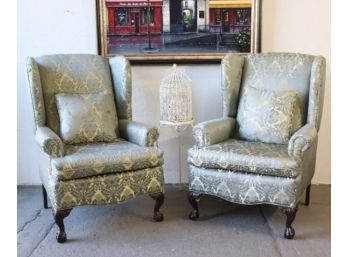 Handsome Pair Of Wing Back Rolled Arm Chairs In Mineral Blue And Cream Botanic Damask
