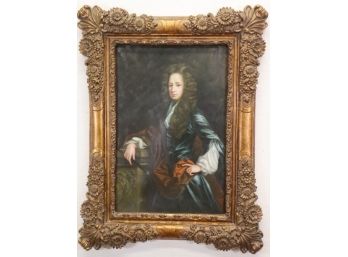 Exuberant Floral And Scroll Gilt Style Frame With Painting Of A Pretending Young Pretender, Signed Sacco