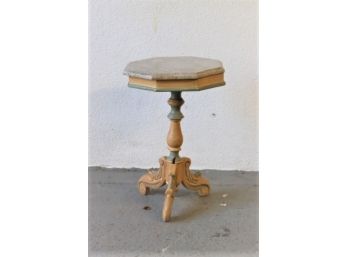 Octagonal Marble Topped Sage And Mustard Painted Wood Side Table