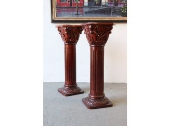 Pair Of Corinthian Column Pedestals - Rojo Bilboa Marble Top Inserts