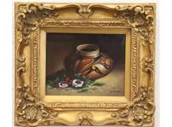Decorative Rococo Gilt Style Frame With Earthenware Still Life,  Oil On Board Brondon COA#: BRO 003765