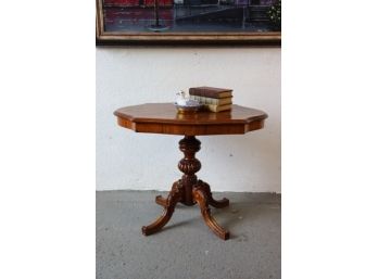 Superb Side Table - Book-Matched Mahogany Burl Veneer Turned Ovoid Stand (some Peeling And Bubbling)