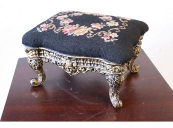 The King's Foot Stool: Bronze-tone Rococo Iron Base And Black Floral Needlepoint