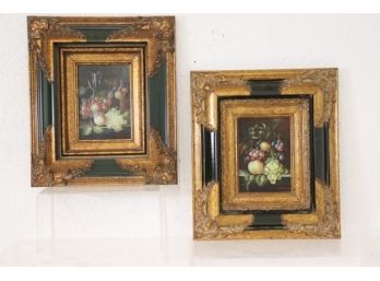 Spectacular Pair Of Gilt And Green Flamboyant Frames - Two Fruited Still Lives, Signed