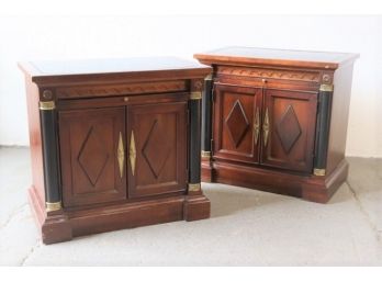 Pair Of French Empire Style Mahogany Nightstands With Serpentine Stone Tops