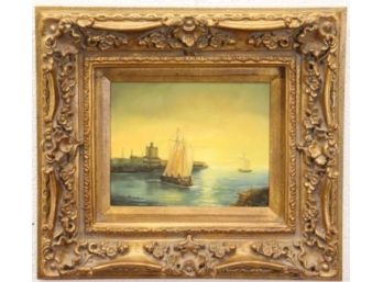 Gilt Frame With European Bayscape Oil On Canvas C.OA. #: BRO 003785, Signed Caine