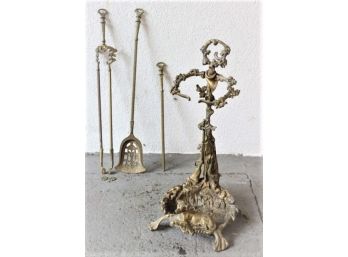 Madly Ornate Groot And Fox Hunt Motif Bronze Fireplace Toolset - Stand, Poker, Shovel, And Tongs