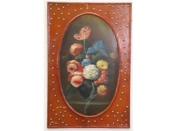 Decorative Oval Floral Still Life On Stylized Red Hammered And Nailhead Frame - Made In China