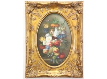 Theatrical, Dramatic Gilt Style Oval Inset Frame With Botanic Still Life