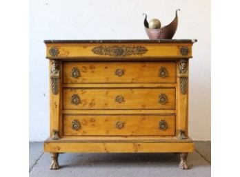 French Empire Style Chest Of Drawers Brass Appliques, Marble Top, Honey Maple Burl