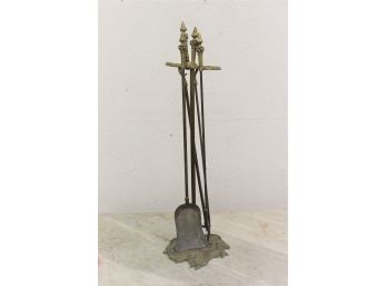 Set Of Four Bronze And Copper Fireplace Tools With Stand With True Patina