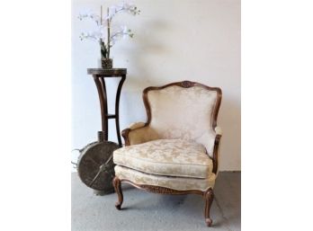 Victorian Style Wide Wingback Armchair - Deep Seat And Sand On Cream Floral Damask Upholstery