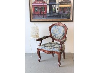 Well-Crafted Late Victorian Style Arm Chair Upholstered In Blue And White
