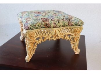 A Queen's Footstool - Force Weathered Cream Cast Iron Base With Floral Needlepoint Upholstery