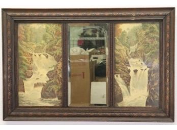 Arts & Crafts Wooden Frame Center Mirror Flanked By Two Vintage Color Nature Prints