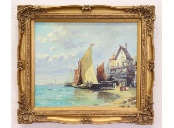 Seascape, Brondon Decorative Oil Painting In Gilt Style Frame, Signed C. Liton, Brondon COA#  BRO 006306